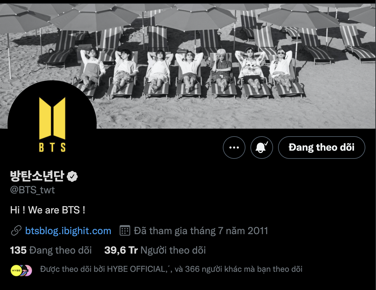 tài khoản twitter của từng thành viên bts